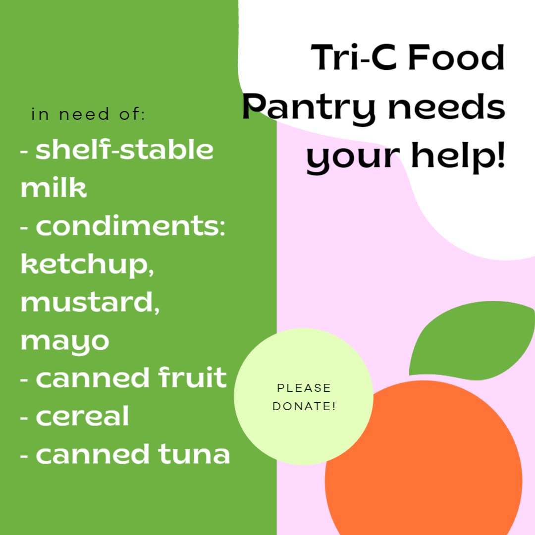 UTAPublicHealth's tweet photo. Tri-C Food Pantry needs our help! Please donate &amp; drop your items by Tri-C during the week between 8 a.m. - 4 p.m., with good social distancing practices of course! 
In need of:
•shelf stable milk
•condiments: ketchup, mustard, mayo
•canned fruit
•cereal
•canned tuna https://t.co/n7JBlbAOJQ
