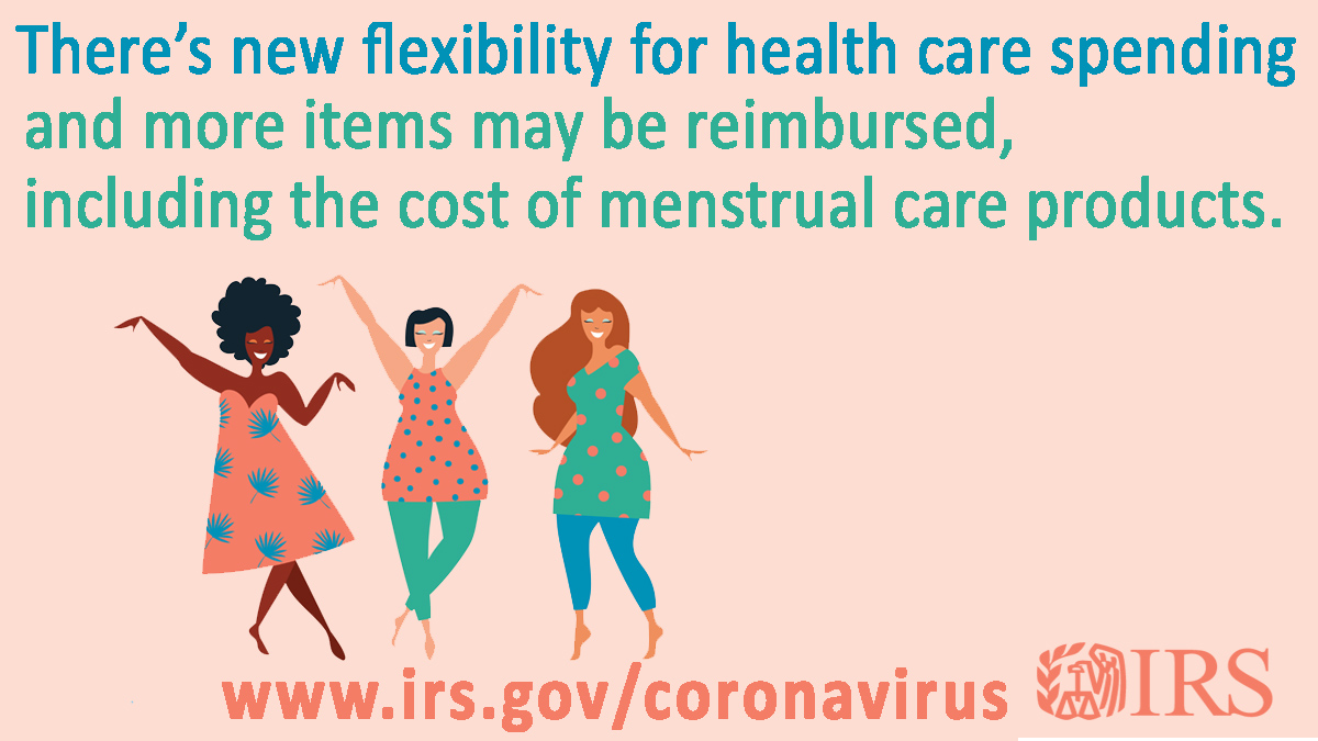 IRSnews's tweet image. New rules provide flexibility for health care spending—specifically, the cost of menstrual care products is now reimbursable. See #IRS info at go.usa.gov/xwyR3 #COVIDreliefIRS