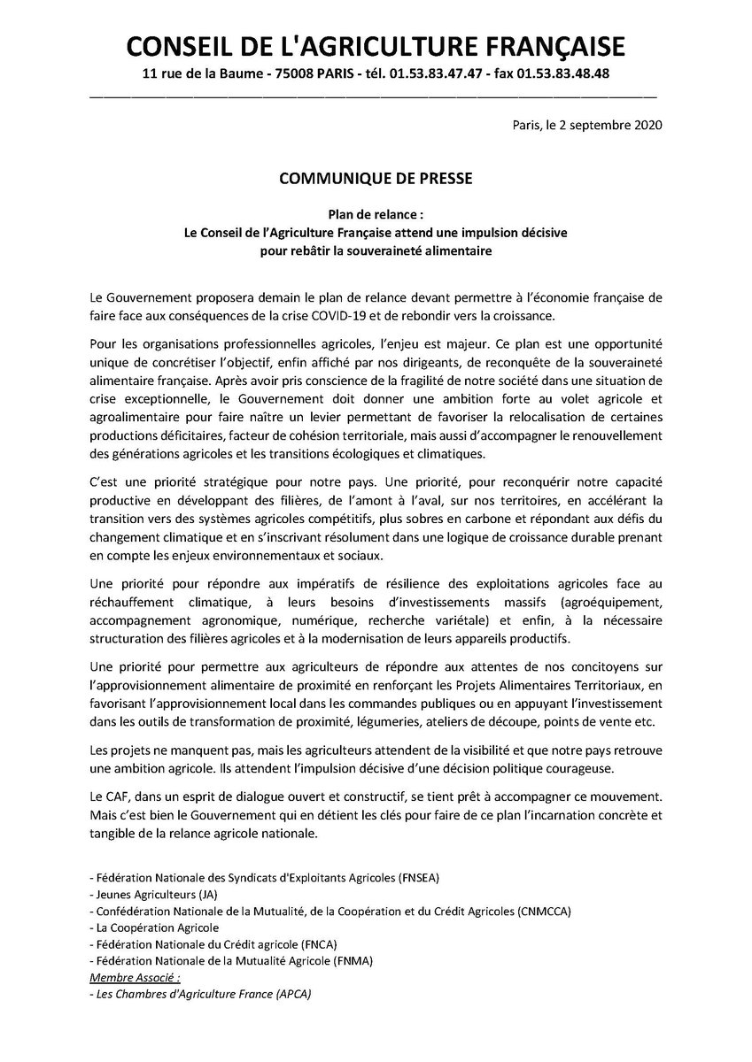 [#CP] Plan de relance : Le Conseil de l’Agriculture Française attend une impulsion décisive pour rebâtir la souveraineté alimentaire avec <a href="/JeunesAgri/">Jeunes Agriculteurs</a> <a href="/ChambagriFrance/">Chambres d'agriculture France</a> <a href="/lacoopagricole/">La Coopération Agricole</a> Fédération Nationale du <a href="/CreditAgricole/">Crédit Agricole</a> FNMA et CNMCCA 
➡️ ow.ly/yeZq50BfOnE