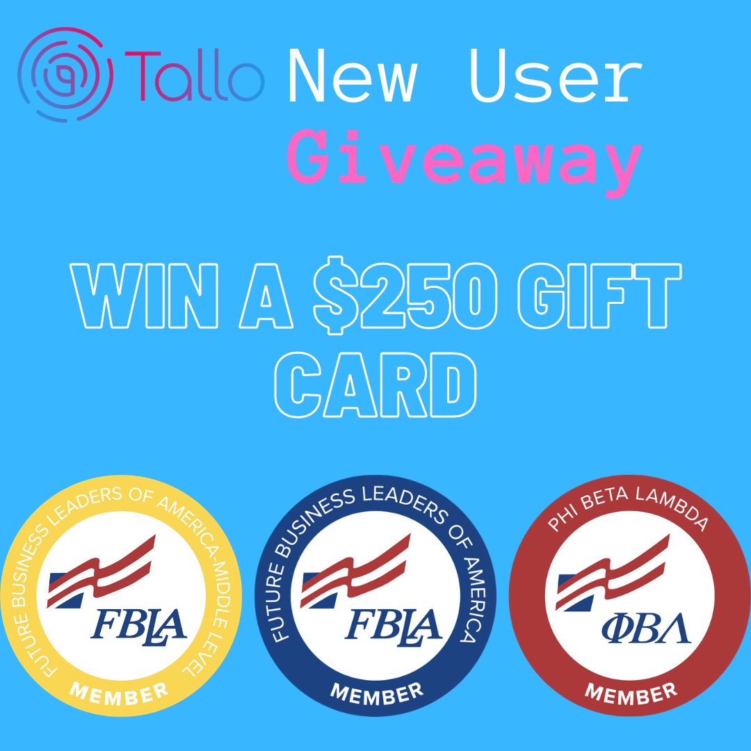 FBLA_National's tweet photo. New Tallo users are eligible for a chance to receive a $250 gift card! Students that create a Tallo profile between 9/2 &amp; 10/2, 2020 will automatically be entered to win a gift card. 1 gift will be awarded to an FBLA or FBLA-ML student member &amp; another to a PBL student member. https://t.co/nlzxjhqAe2