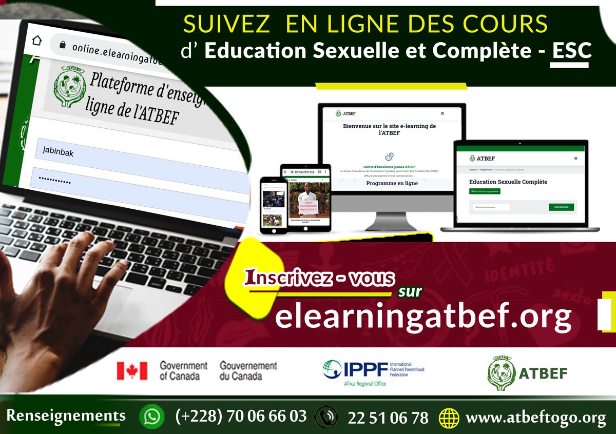 L'ATBEF vous permet de suivre à distance des cours en Éducation Sexuelle Complète sur la plate-forme 👉👉elearningatbef.org avec la possibilité à la fin de la formation de faire une demande d'attestation.
L'ATBEF, pour une vie meilleure !
<a href="/majatbef/">MAJ ATBEF TOGO</a> <a href="/jasrpftogo/">JA/SR/PF TOGO</a> <a href="/POuagaPF/">Partenariat de Ouaga</a>