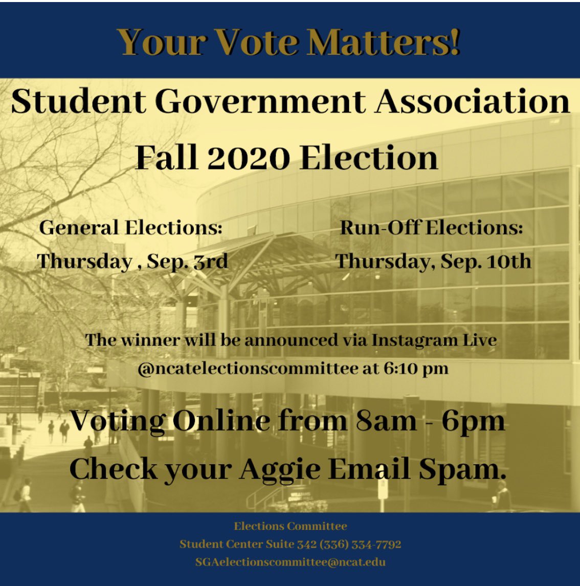 NcatElections's tweet photo. Elections are TOMORROW! Be sure to check your Aggie email tomorrow starting at 8am to cast your vote 🗳 #ncat #ncat24 #ncat23 #ncat22 #ncat21 https://t.co/w27KPwd9mB