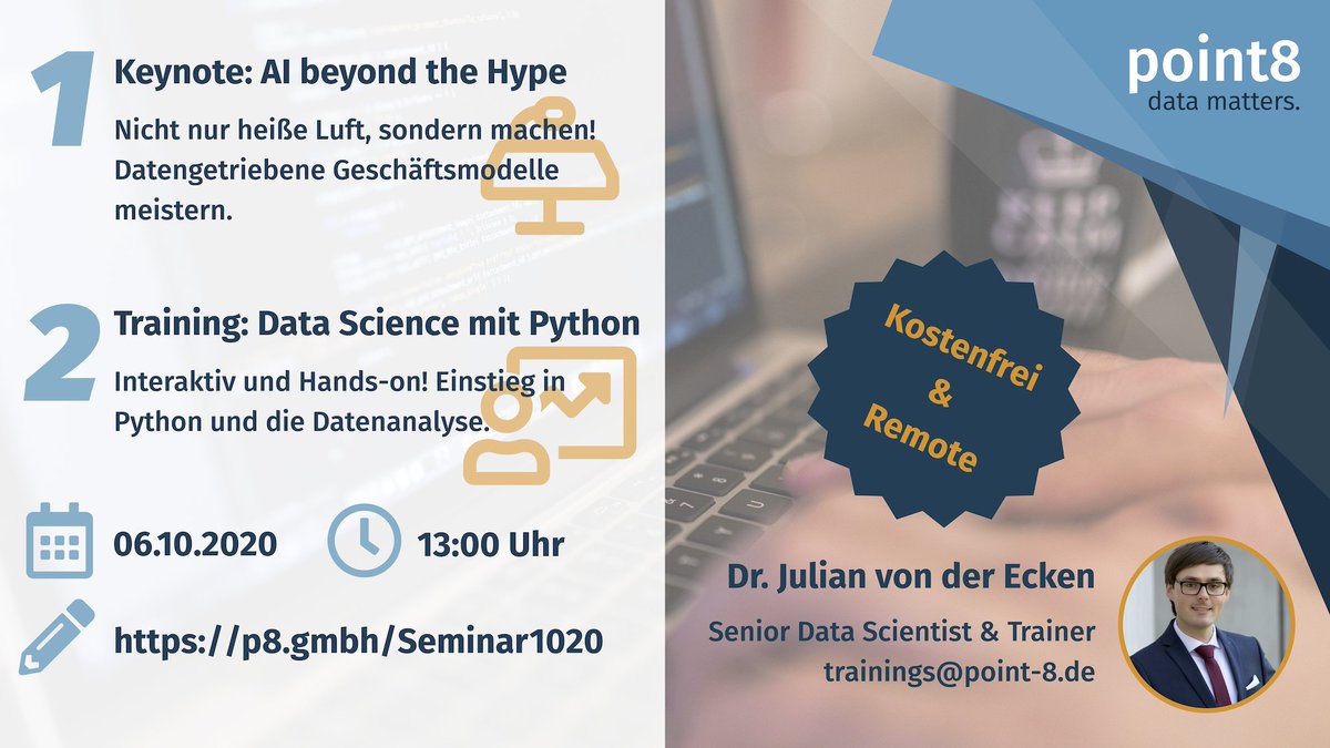 Wir gehen in die dritte Runde! Am 06. Oktober geht es wieder in unserem Seminar um Data Science, KI & Co. und wir führen ein kostenloses Training in die Datenanalyse mit Python durch. Anmeldung: p8.gmbh/Seminar1020 #onlinelearning #Python #DataScience #AI #KI #ML