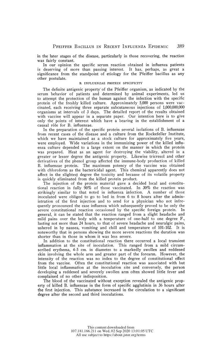 129) “Approximately 5,000 persons were vaccinated, each receiving three separate subcutaneous injections of 1,000,000,000 organisms…Our intention here is to give only the points of interest which have a bearing in the establishment of a causal role for B. influenzae.”