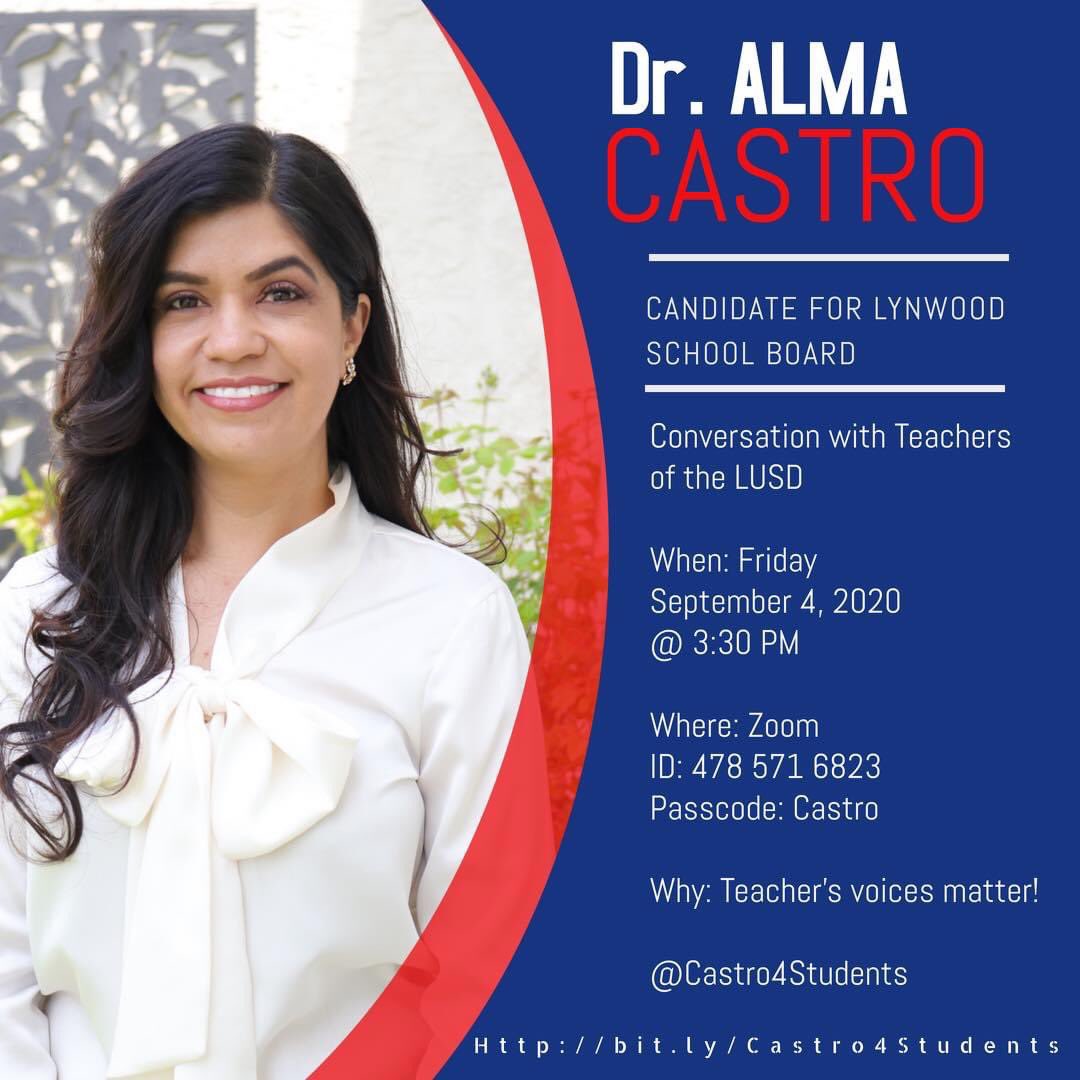 DrRenaeBryant's tweet photo. One of our #LeadingWhileFemale and #HowtoBeAnAntiracist #Ldrshpbkchat participants, running for her local school board. Please support her if you can! #WeHaveHerBack #Castro4Students @LynwoodSchools @MyLynwoodca https://t.co/SUQdDkmBZC