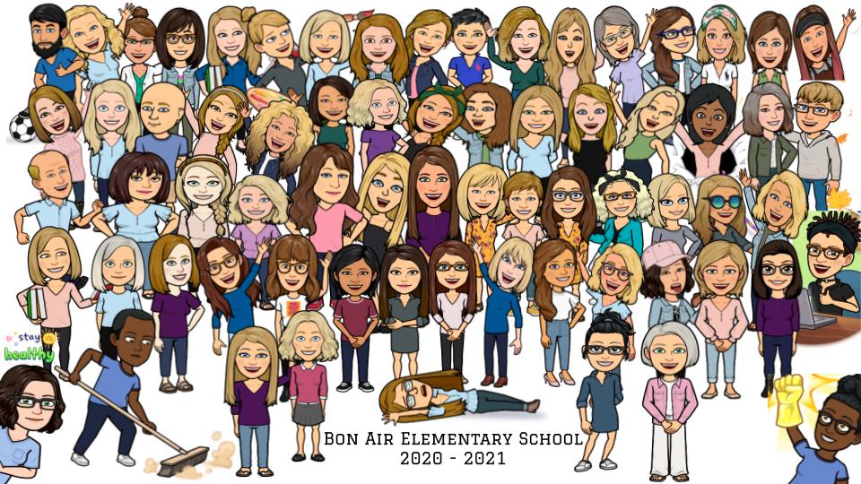 Hey, @BAES_Eagles! Thanks to <a href="/MrsCoxBAES2/">Cory Cox</a> for creating our staff Bitmoji picture this year since we can't gather together to take a real picture! #oneCCPS #BonAirES #virtuallearning