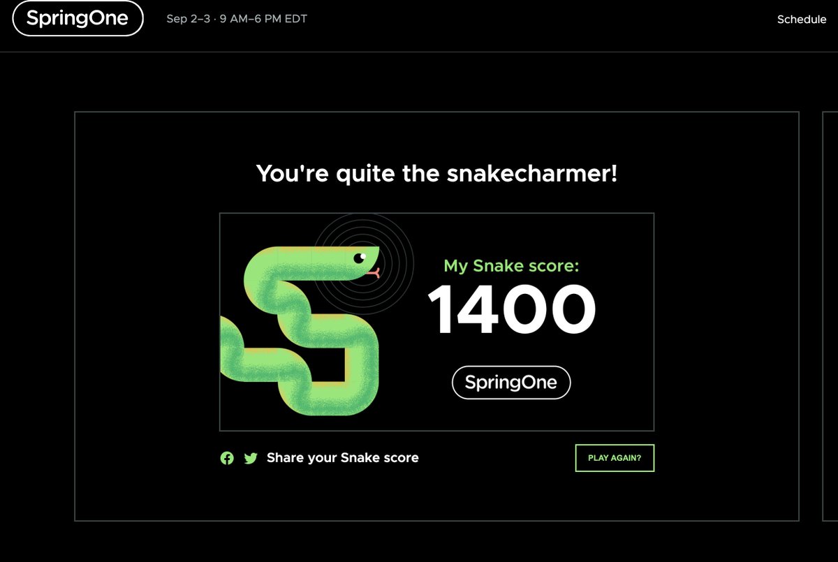 SolaceDevs's tweet photo. Who's playing Snake at @SpringOne?! We challenge you to beat our score and post a screenshot on this thread 
https://t.co/FbRMVbkL6J
#springOne #snake #game @VMwareTanzu #challangeaccepted https://t.co/UCYXJDqyN9