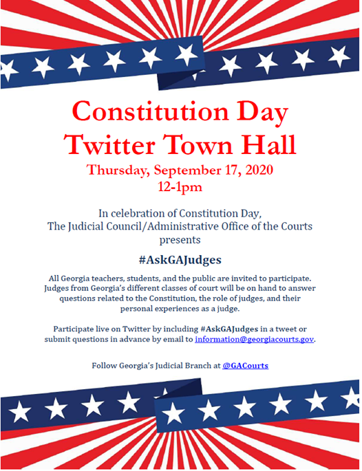 MrsBauries's tweet photo. Constitution Day with Georgia Courts
In celebration of Constitution Day (Sept 17) , The Judicial Council/Administrative Office of the Courts
presents #AskGAJudges https://t.co/yjpxPY1k5d