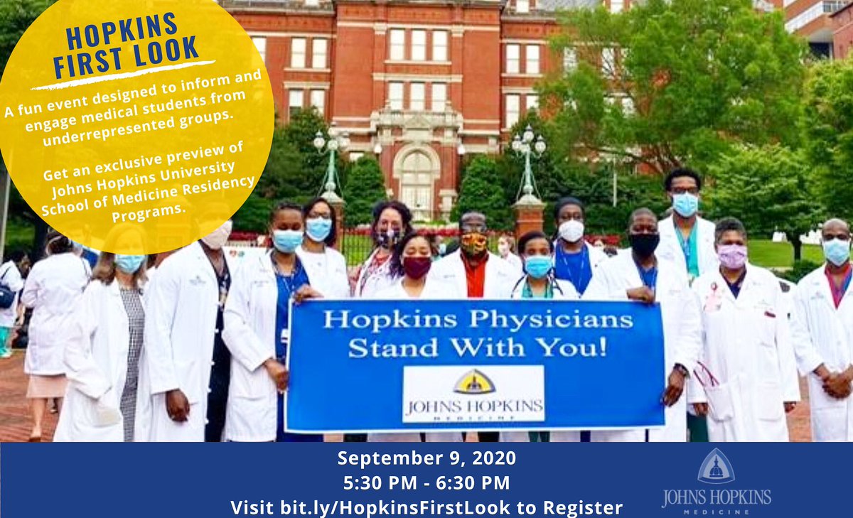 The Johns Hopkins University School of Medicine is hosting a virtual first look event for 4th-year medical students from underrepresented groups on September 9th, 2020. . This is a wonderful opportunity to learn more about our residency programs. . Registration link in bio!