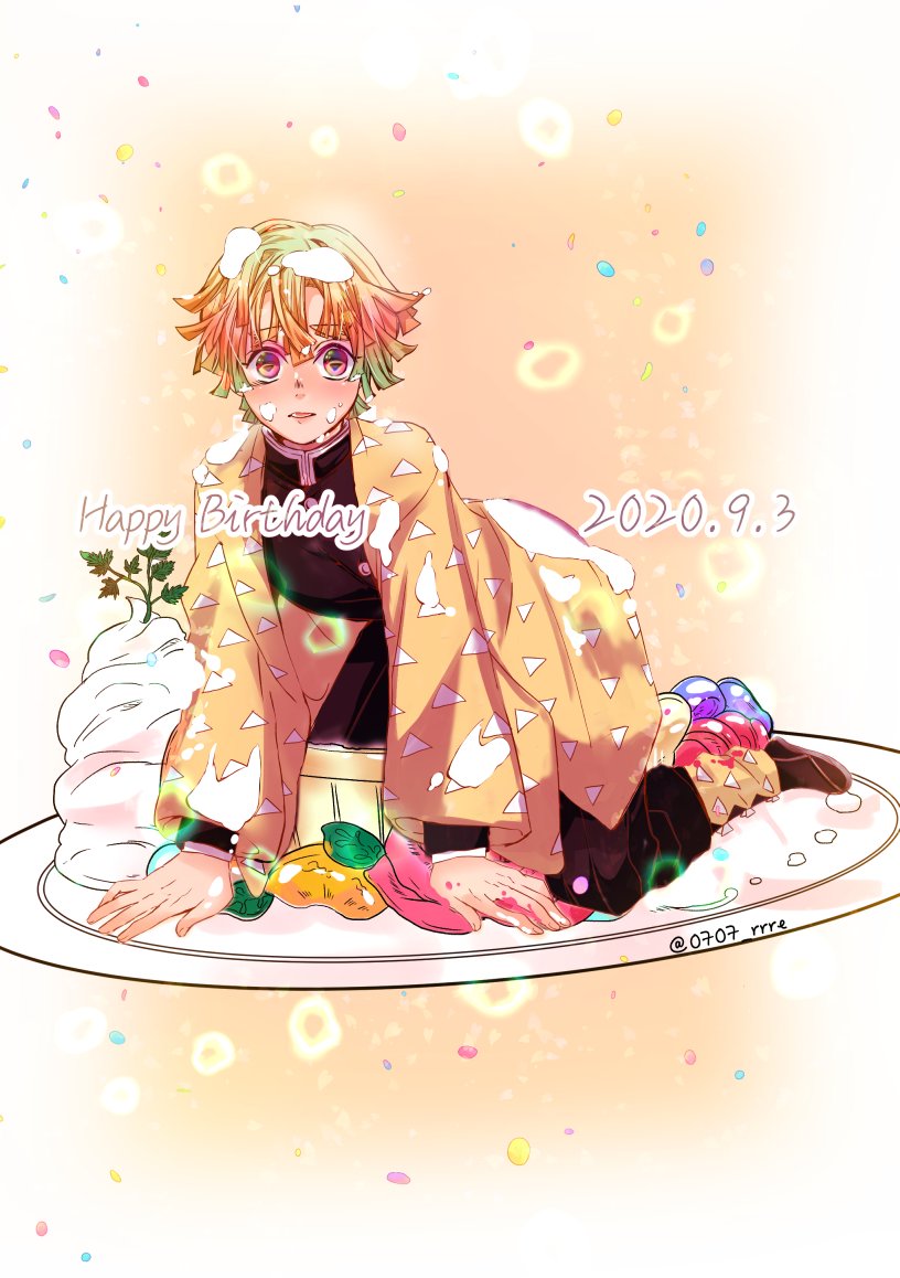 demon slayer uniform 1boy solo male focus blonde hair haori food  illustration images