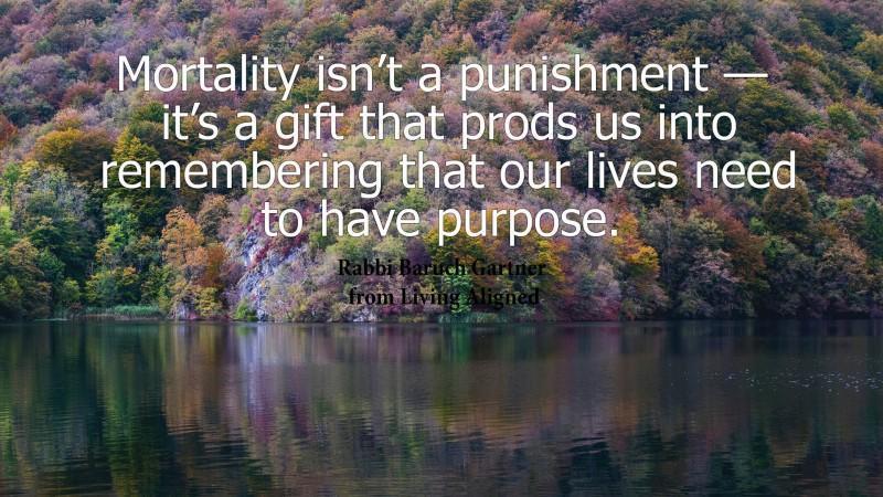 #LivingAligned Mortality--Isn't Punishment #selfhelp #motivationalquotes: "Mortality isn't a punishment - it's a gift that prods us into remembering that our lives need to have purpose." excerpted from Living Aligned by Rabbi Baruch Gartner Living Ali... tinyurl.com/y6ynprw7
