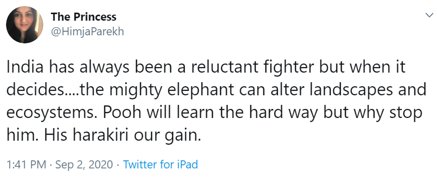 The areas in contention today are the same where the PLA lost hundreds of their men at the hands of ill-equipped Indian soldiers in 1962, who earned TWO Param Vir Chakras that winter.The elephant may be a reluctant fighter, but when it does, it tramples all in its path.