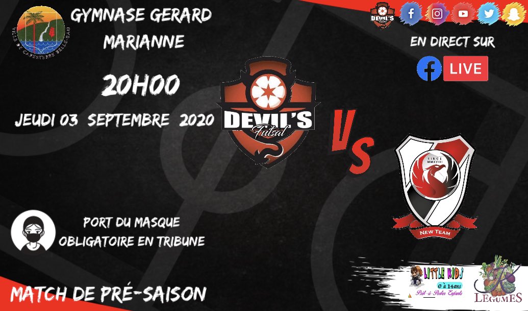 FutsalDevil's tweet photo. Après un second match de pré-saison plus constructif jeudi dernier, le DEVIL'S Futsal vous donne dores et déjà rdv pour son 3ème match de préparation:
📅 Jeudi 3 septembre 2020
📍 au palais des sports Gérard MARIANNE de Capesterre-Belle-Eau🕗 à 20H
🚨 PORT DU MASQUE OBLIGATOIRE https://t.co/vwi49QU1zB