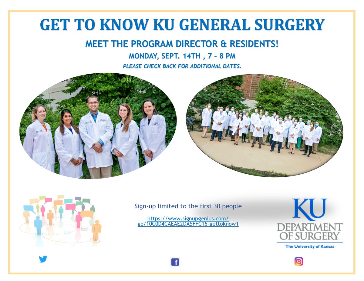 @ku_gensurgresidents  
@KUMedicalCenterDepartmentofSurgery

      Sign-up limited to the first 30 people 
signupgenius.com/go/10C0D4CAEAE…