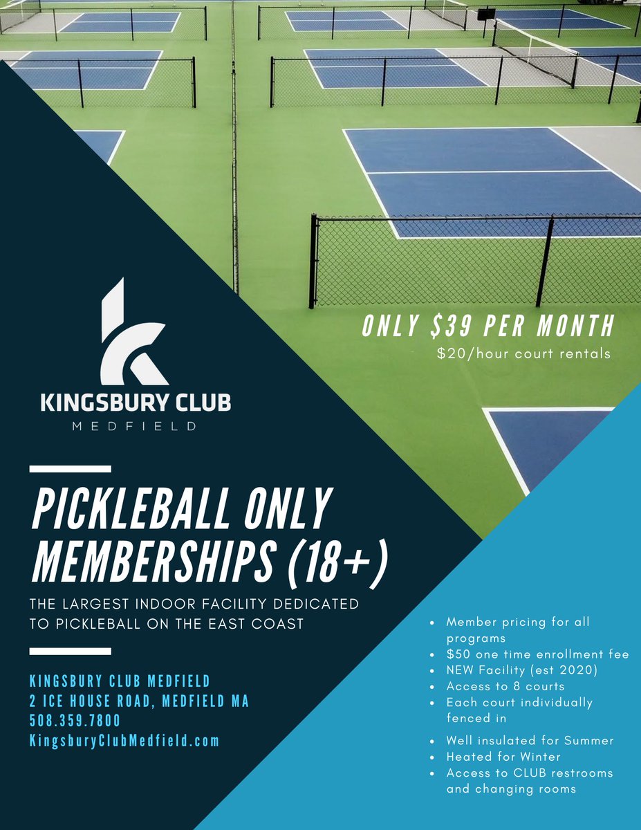 KingsburyClub1's tweet photo. GREAT NEWS! We are NOW offering #pickleball ONLY memberships at the #KingsburyClubMedfield. Come see the LARGEST INDOOR FACILITY dedicated to pickleball: https://t.co/gh3D2h6Yiy
#usapa
#headpickleball
#franklinpickleball
#gamma
#paddletek
#selkirk
#dink
#singleladder https://t.co/t2rSOfrqIW