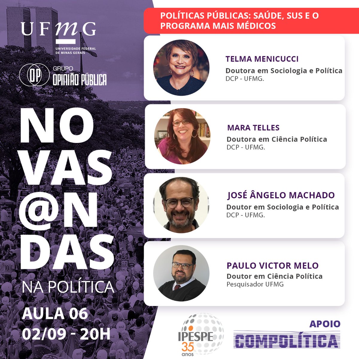 Não perca a aula de hoje: " Políticas Públicas: Saúde, SUS e o Programa Mais Médicos" 20h #Saúde #SUS #MaisMédicos #UFMG 
Link para a aula youtube.com/watch?v=P8rSKi…
