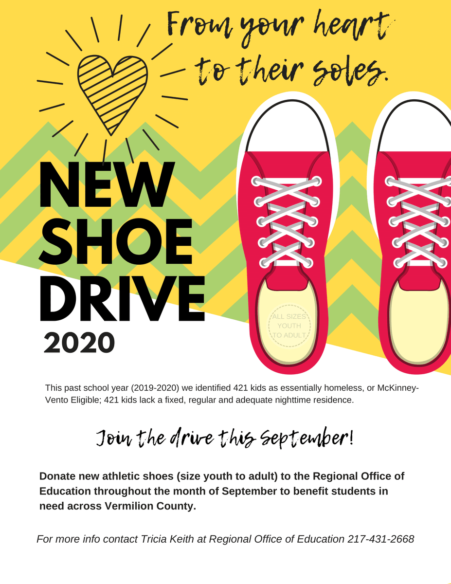 VCROE54's tweet photo. We're accepting shoe donations! Help students in Vermilion County by donating new shoes throughout September. https://t.co/Evbe4Y4ha3