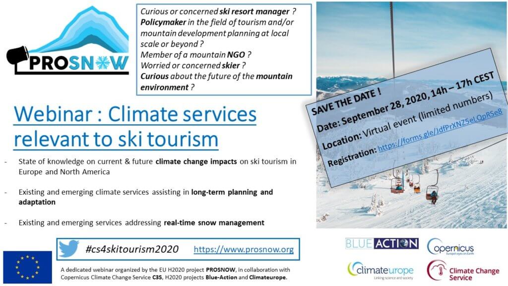 🔜Webinar 'Climate services relevant to #ski tourism' 📅September 28, 2020 14h-17h CEST. ⛷️#Climatechange impacts on ski tourism, existing & emerging climate services for long-term planning, adaptation & real-time #snow management. ℹ️ prosnow.org/climate-servic… #cs4skitourism2020