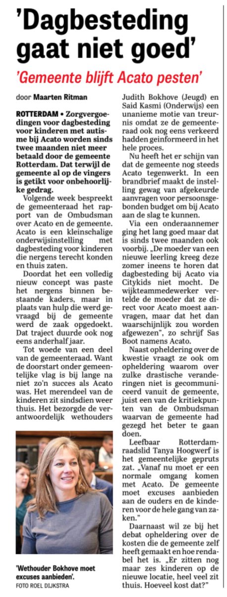 „Vanaf nu moet er een normale omgang komen met Acato. De gemeente moet excuses aanbieden aan de ouders en de kinderen voor de hele gang van zaken." Aldus <a href="/TanyaHoogwerf/">Tanya Hoogwerf</a> in de <a href="/telegraaf/">De Telegraaf</a> over het gestuntel van de gemeente met Acato, een dagbesteding voor autistische kinderen.