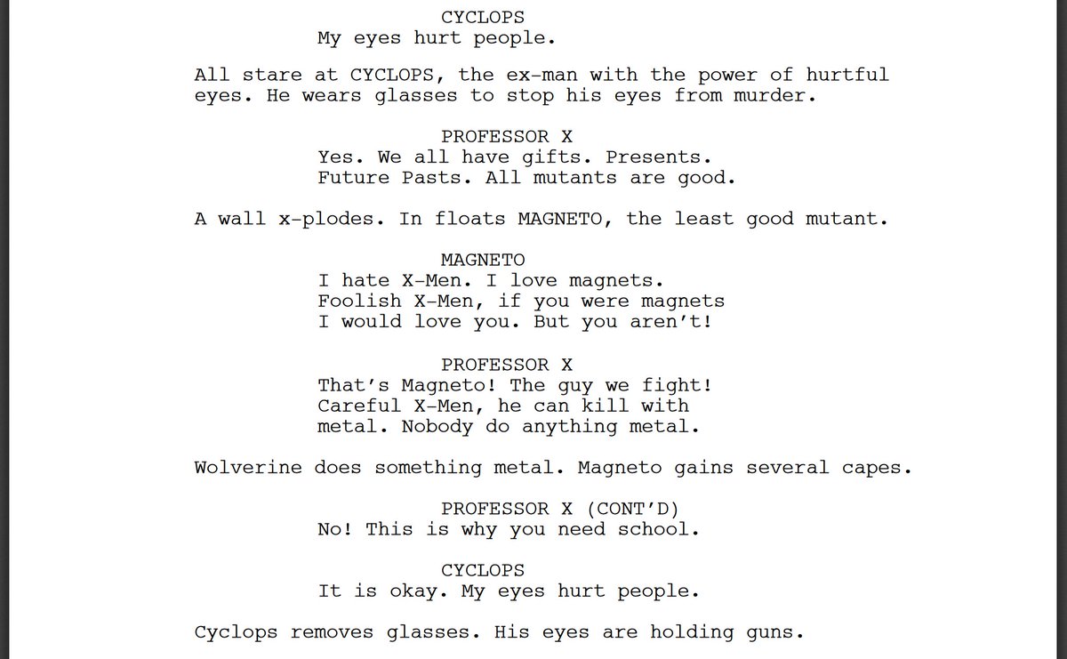 KeatonPatti's tweet image. I forced a bot to watch over 1,000 hours of X-Men movies and then asked it to write an X-Men movie of its own. Here is the first page.