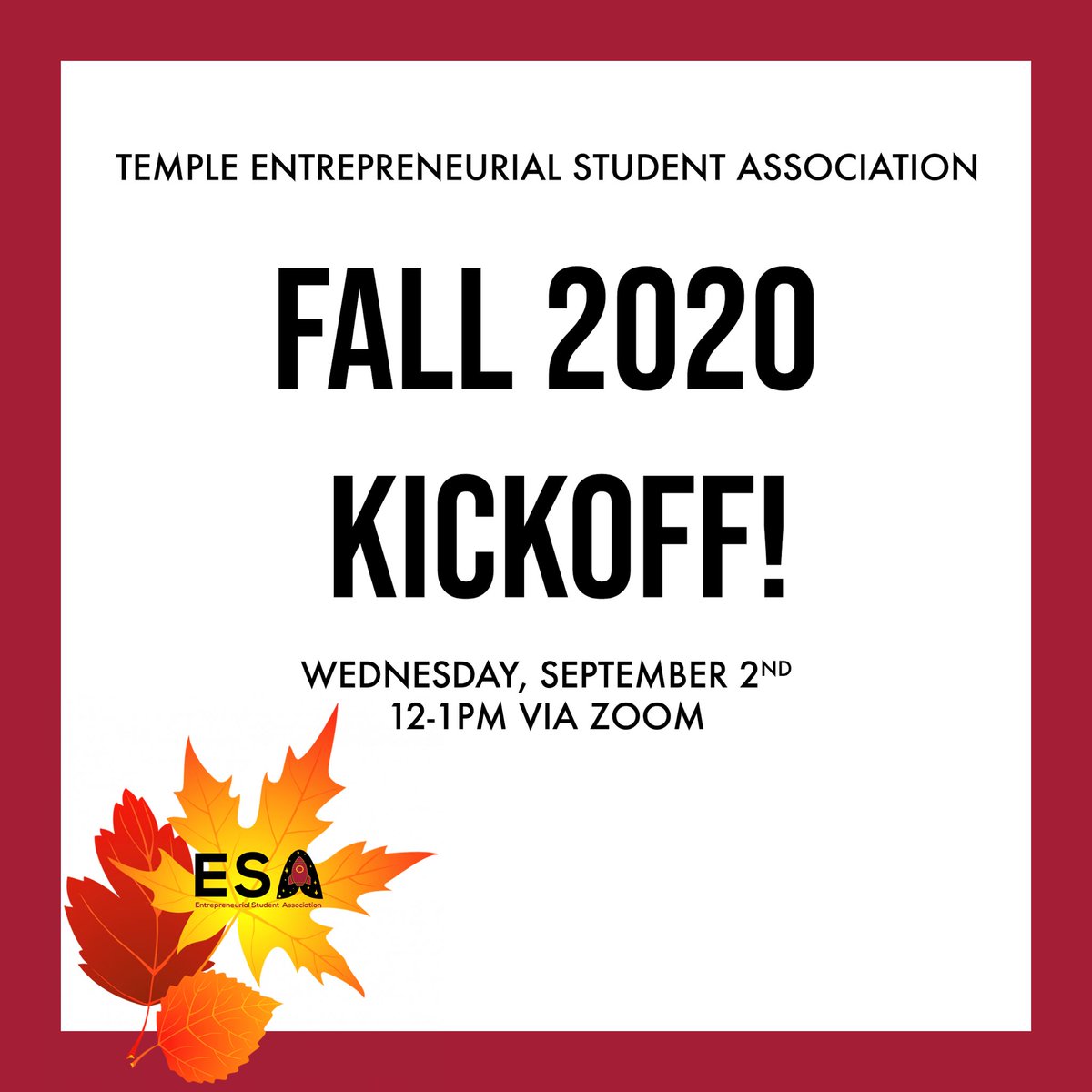 TempleESA's tweet image. Join us for our fall 2020 kickoff meeting today at noon! Link to attend: temple.zoom.us/j/97071846342