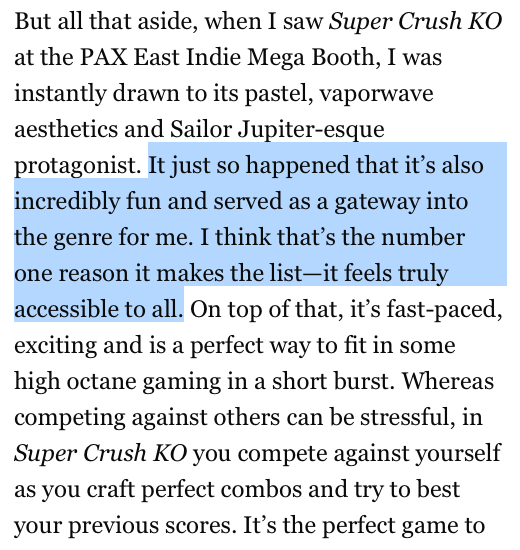 This is such a nice recommendation from <a href="/pastemagazine/">Paste Magazine</a>! We always hoped Super Crush KO would get more people into beat-em-ups. 😊✨
pastemagazine.com/games/five-bes…