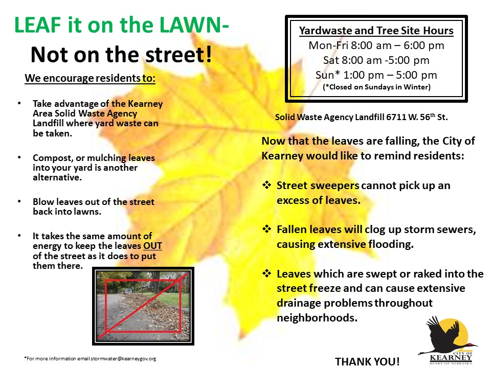 Daniel Lillis (@kearneyswmp) on Twitter photo Fallen Leaves from trees are the responsibility of the property owner. The Leaves shouldn't be raked/blown into the street. The City does not have the ability to pick up the leaves placed their by citizens.<a href="/CityofKearney/">City of Kearney, NE</a> <a href="/FHUEngineering/">Felsburg Holt & Ullevig</a> <a href="/NeFSMA/">NeFSMA</a> <a href="/KearneyHub/">Kearney Hub</a> <a href="/NTVNEWS/">NTV News</a> <a href="/1340KGFW/">1340 KGFW</a> Fallen Leaves from trees are the responsibility of the property owner. The Leaves shouldn't be raked/blown into the street. The City does not have the ability to pick up the leaves placed their by citizens.<a href="/CityofKearney/">City of Kearney, NE</a> <a href="/FHUEngineering/">Felsburg Holt & Ullevig</a> <a href="/NeFSMA/">NeFSMA</a> <a href="/KearneyHub/">Kearney Hub</a> <a href="/NTVNEWS/">NTV News</a> <a href="/1340KGFW/">1340 KGFW</a>