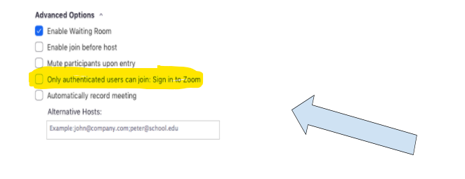 MichaelPortas's tweet photo. New tip for #educators using Zoom today. In the updated app, there is an advanced setting for "Only authenticated users can join." To avoid headaches, make sure it's not checked, which appears to be a default for some users. #PeqPantherPride #FirstDay2020 #NockNation #njpsa https://t.co/qyipui4h8X
