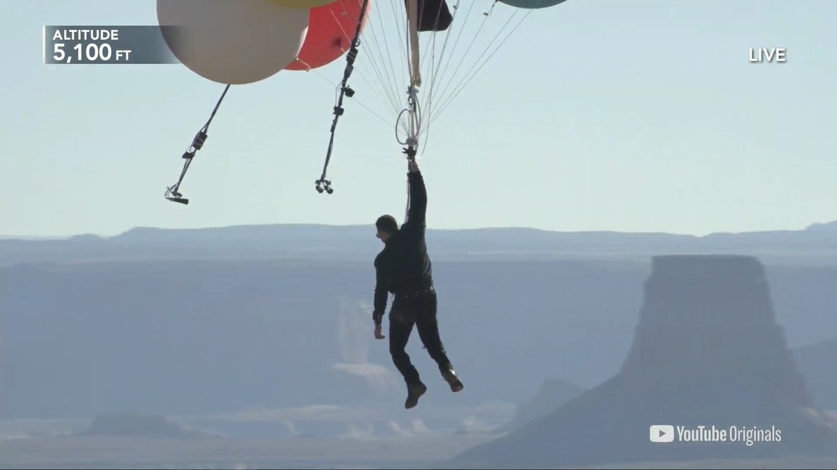 In today's episode of David Blaine is trying to pick the most insane way to die, he is currently 5,100 ft in the air holding on to helium balloons