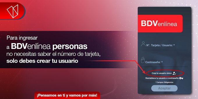 BcodeVenezuela's tweet image. Para ingresar a #BDVenlínea ya no necesitas tu tarjeta de débito 💳, entra a nuestra plataforma y haz clic en ➡️ crear Usuario único➡️ completa los pasos y listo 💻

¡Pensamos en ti y vamos por más!
