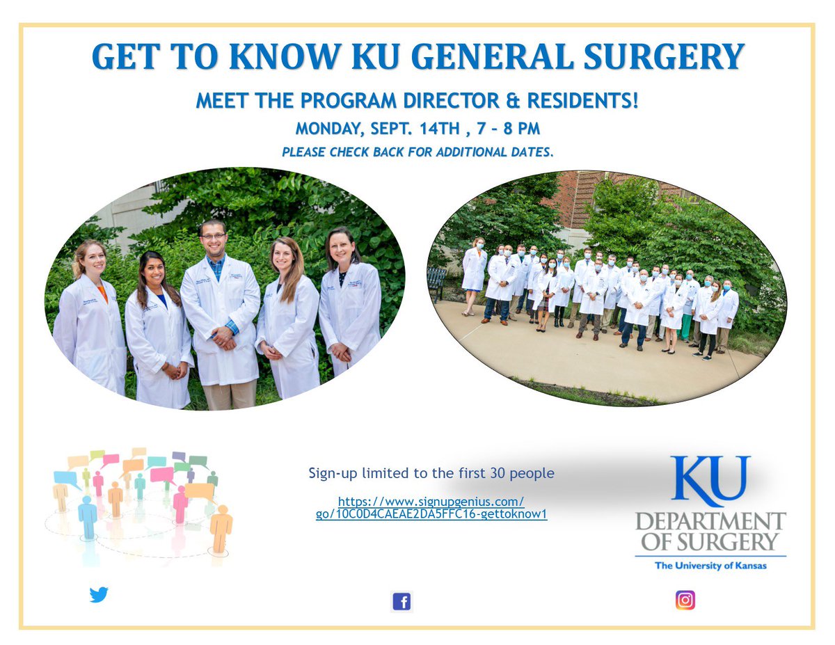 We’re hosting another information session for applicants. If you haven’t made it to previous sessions sign up to learn more about general surgery residency at KU and meet our program director! signupgenius.com/go/10C0D4CAEAE… #KUsurgery #KUMC #Match2021