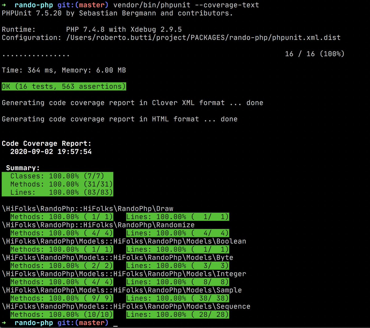 RmeetsH's tweet image. Code Coverage: 100% 🎉🎉🎉
Rando-PHP: github.com/Hi-Folks/rando…
#codecoverage #testing #testcoverage #unittesting #automatic #automatictest #php #opensource #librery #package