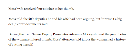 Moss was acquitted. His defense argued that his wife had self-harmed in the past. Shew was also opposed to Moss’s prosecution & wasn’t cooperative (Sadly, a running theme. Sgt. Ron Murray's victim also sought clemency/refused to cooperate. See yesterday's thread)(5/9)