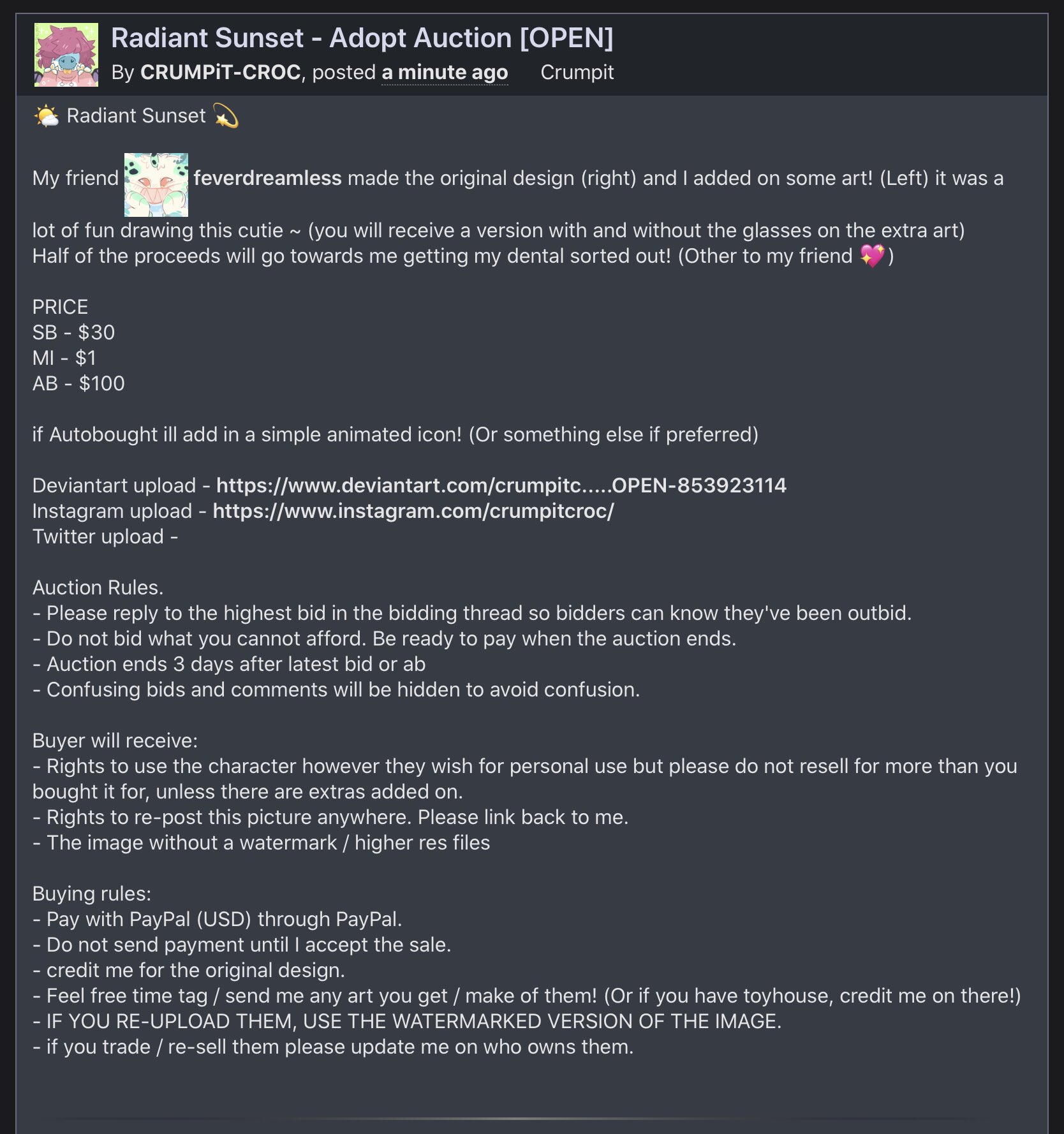 Crumpitcroc Here Is Some Extra Info About The Adopt And Half Of The Proceeds Will Go Towards Me Getting My Dental Sorted Out Other To The Designer Ab Comes With
