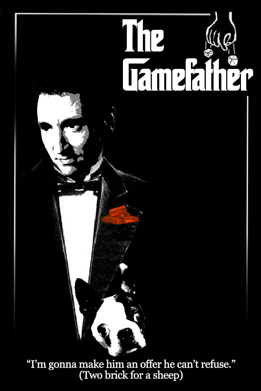 The first image where I started adding actual gaming gimmicks. "The Godfather" normally has a puppet-strings setup, I changed it to dice, and my lapel pin is a pile of Catan Bricks.Loki is now a regular appearance. I once forgot him & there was an outcry so I did a quick edit.