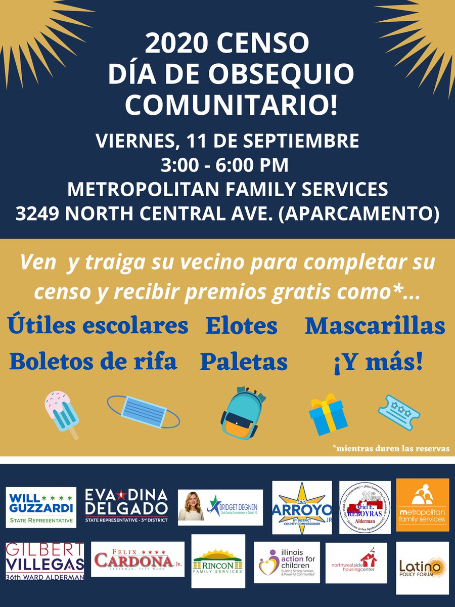 latinopolicy's tweet photo. FRIDAY Sept 11 / VIERNES 11 Sept, 3-6PM:

Census Community Giveaway @MetroFamChicago 

School supplies, raffle tickets, masks and more!
¡Útiles Escolares, boletos de rifa, mascarillas y más! https://t.co/iANQZZqAyQ