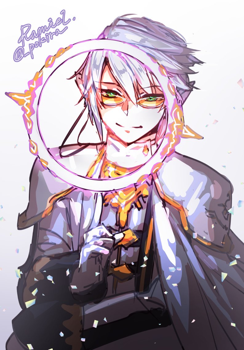 1boy male focus solo green eyes smile gloves pointy ears  illustration images