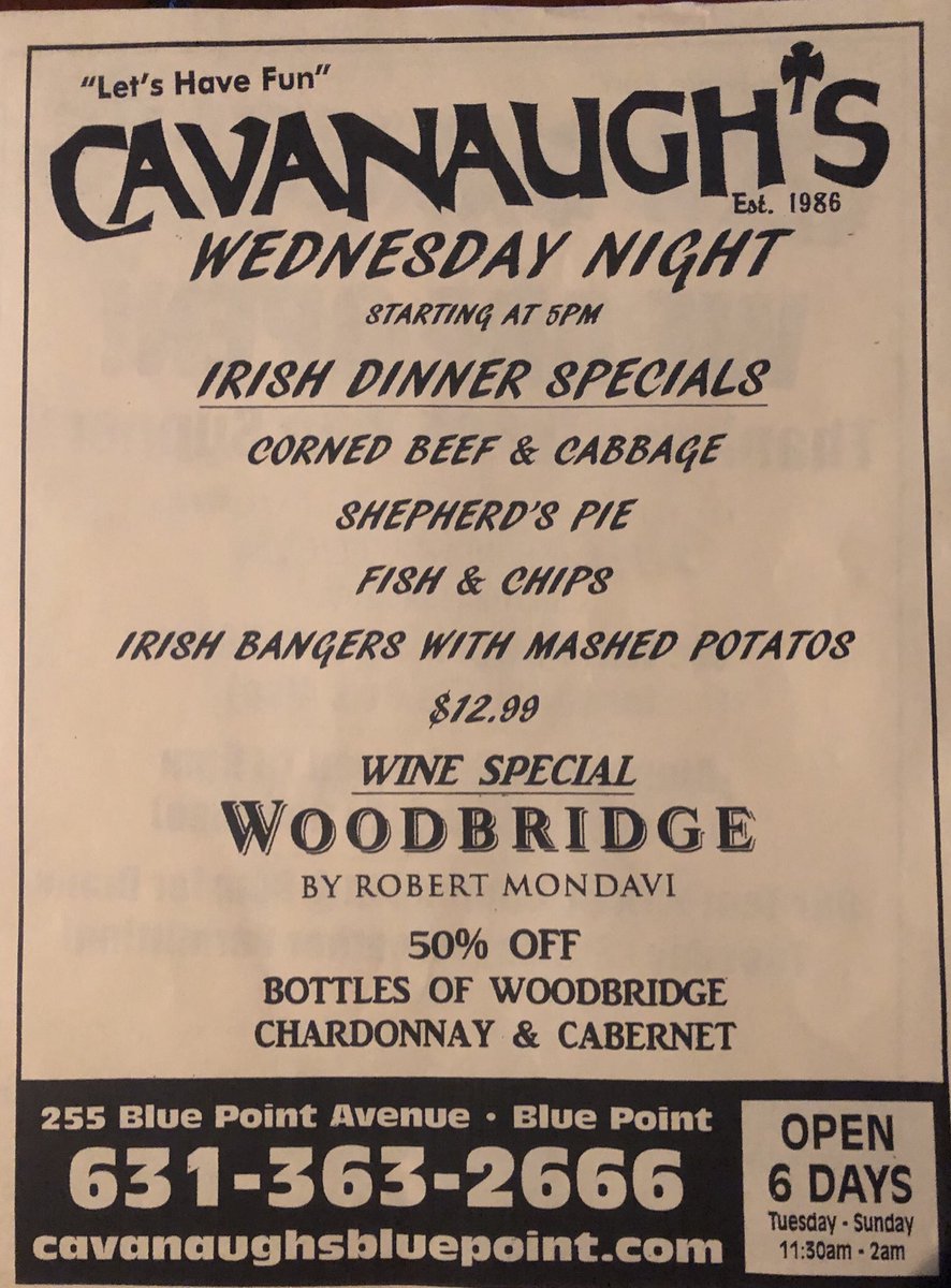 CavanaughsPub's tweet photo. Open serving dinner inside, under the tent & TO GOโS TILL 9PM, 631-363-2666. Great specials Irish dinners, steaks,wine 50%off, pumpkin ale $3.00 pints. #cavs #KyDerby #otb #woodbridge #bluepoint #bayport #irishdinner https://t.co/zzkopz6CtS