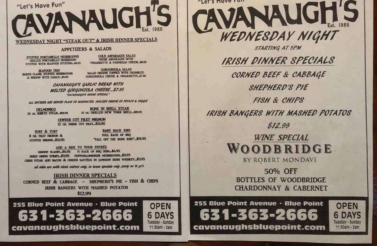 CavanaughsPub's tweet photo. Open serving dinner inside, under the tent & TO GOโS TILL 9PM, 631-363-2666. Great specials Irish dinners, steaks,wine 50%off, pumpkin ale $3.00 pints. #cavs #KyDerby #otb #woodbridge #bluepoint #bayport #irishdinner https://t.co/zzkopz6CtS