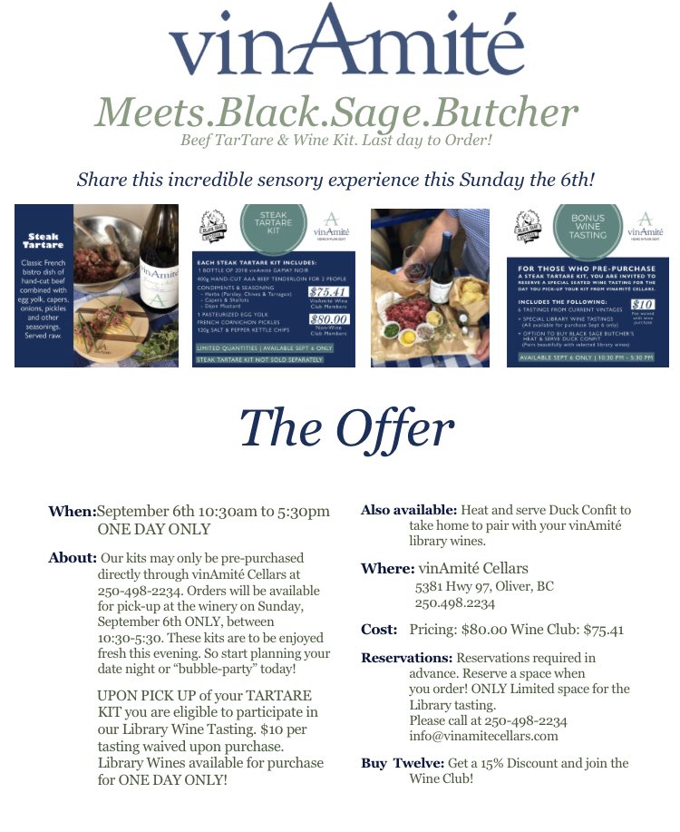 vinAmiteCellars's tweet photo. Order our Tartare Pairing kit by tomorrow at 5:30 to reserve!! Pick up your kit on Sunday the 6th and have a library tasting. Looking forward to seeing you! Details in graphic. We’re so excited to be collaborating with @blacksagebutcher #bcwine #oliverosoyooswinecountry https://t.co/dyOCj5kxR3