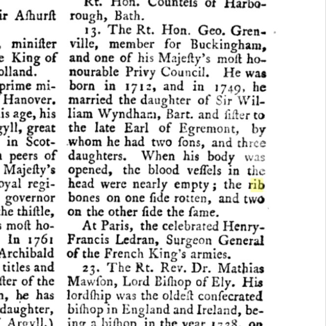 Dodsley's Annual Register for the year 1770 included these comments about Grenville’s autopsy: "When his body was opened, the blood vessels in the head were nearly empty; the rib bones on one side rotten, and two on the other side the same.” Not much patient privacy in 1770./7