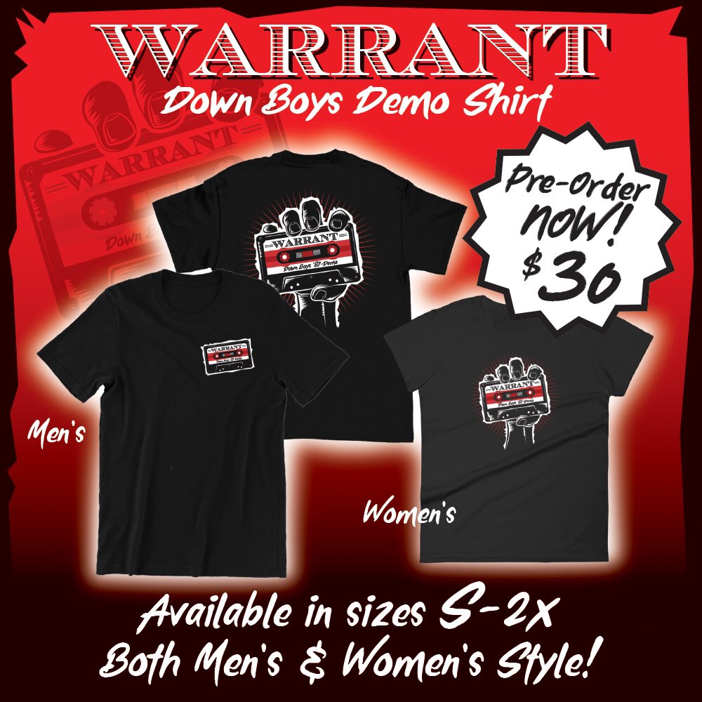 Brand new official WARRANT design. Down Boys Demo tee for men and women. Get yourself and a friend some 😜 Please Share, Thanks! Y’all Rock 🤘🏻
volatilemerchandise.com/warrant