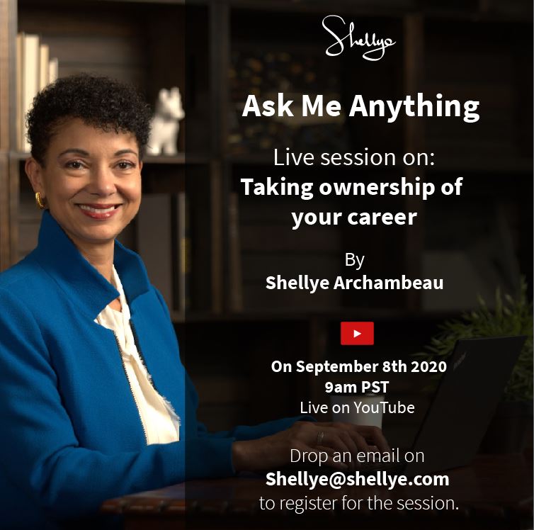 ShelArchambeau's tweet image. In my next #AskMeAnything session on September 8th at 9 am PT / 5:00 pm BST / 9:30 pm IST, I&apos;ll be discussing &apos;Taking ownership of your #career&apos; &amp;amp; answering your queries. Register &amp;amp; send in your questions by e-mailing me on shellye@shellye.com.

#unapologeticallyambitious