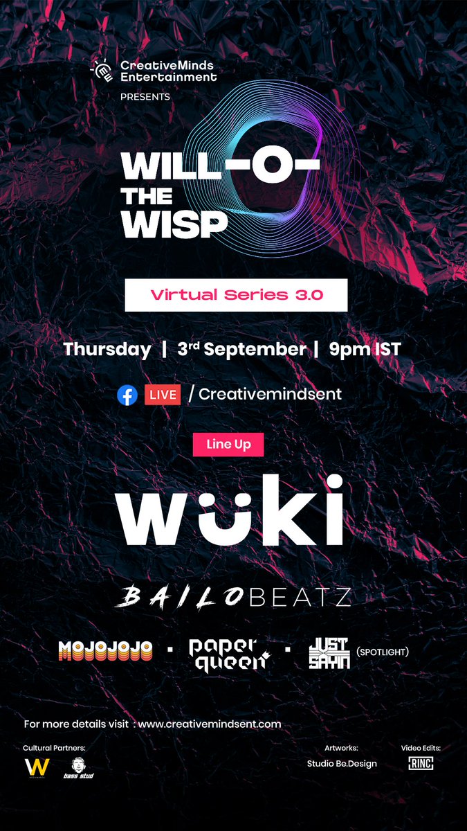 Join us for our third edition of the virtual series:
Will-O-The Wisp

w/ <a href="/Wuki/">wuki 🌞</a> @BailoBeatz <a href="/mojojojo_music/">MojoJojo</a> <a href="/djpaperqueen1/">Paper Queen♛</a> 

Thursday, 3rd September, 9pm on our facebook and twitch page.

<a href="/bass_stud/">Bass Stud</a>