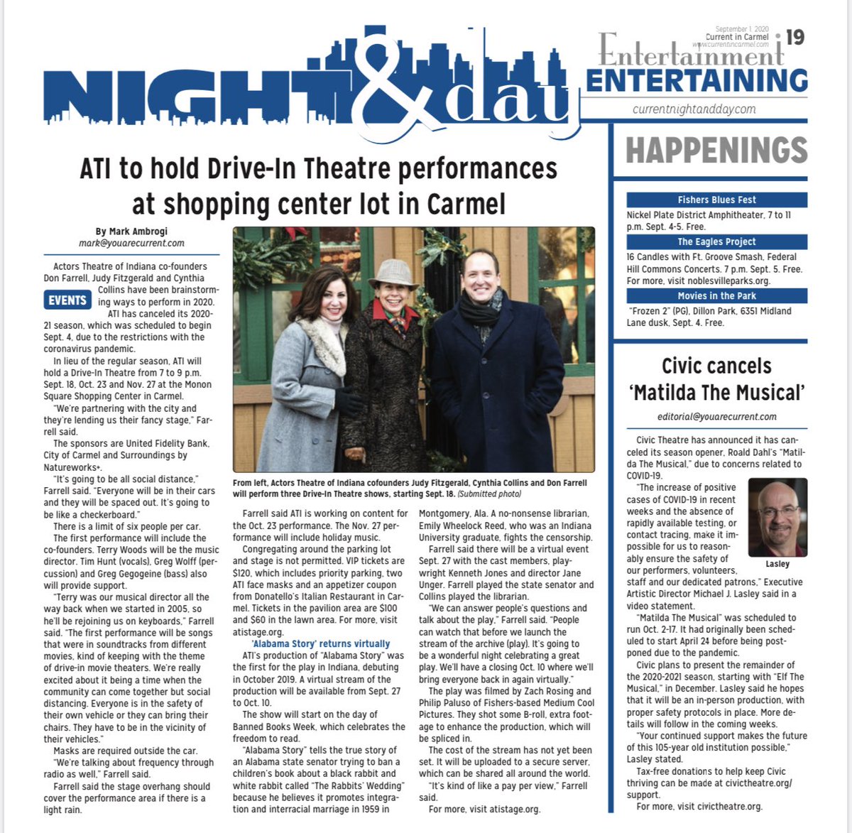 AtiStageLive's tweet photo. Great article  upcoming Actors Theatre of Indiana’s Drive-IN Theatre - LIVE Music Sept 18 7-9 pm
A safe - social distancing/FaceMask way to enjoy professional LIVE Music in Carmel.  
Thank you @CurrentNightDay @CI_Carmel  @WonderWomanAmyP 

#atistage #BroadwaySam #CarmelCares https://t.co/AJXqVDMaoO
