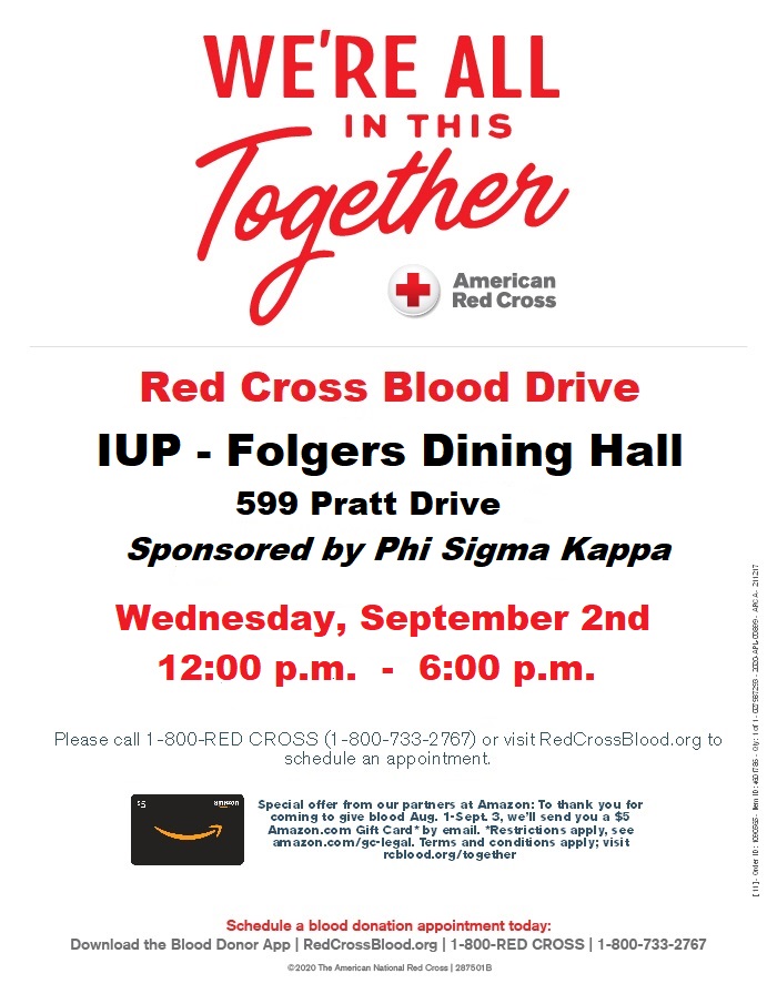 The Red Cross is on campus today at Folger Hall from noon until 6:00pm for a Blood Drive sponsored by Phi Sigma Kappa! Red Cross is testing blood donations for COVID-19 antibodies. To donate schedule an appointment here:  redcrossblood.org #IUPStartsCareers