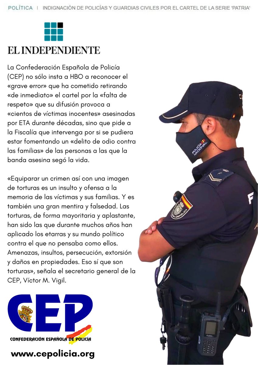 cep_cepolicia's tweet photo. 🗞 La polémica por el cartel de @HBO_ES sobre la serie ‘Patria’ tiene una solución rápida: retirada inmediata, disculpas por comparar víctimas y verdugos e investigación de Fiscalía si no se rectifica ya. @elindepcom recoge la opinión de @CEP_cepolicia. https://t.co/Jo2uri1hoz https://t.co/STfqaU7yXZ