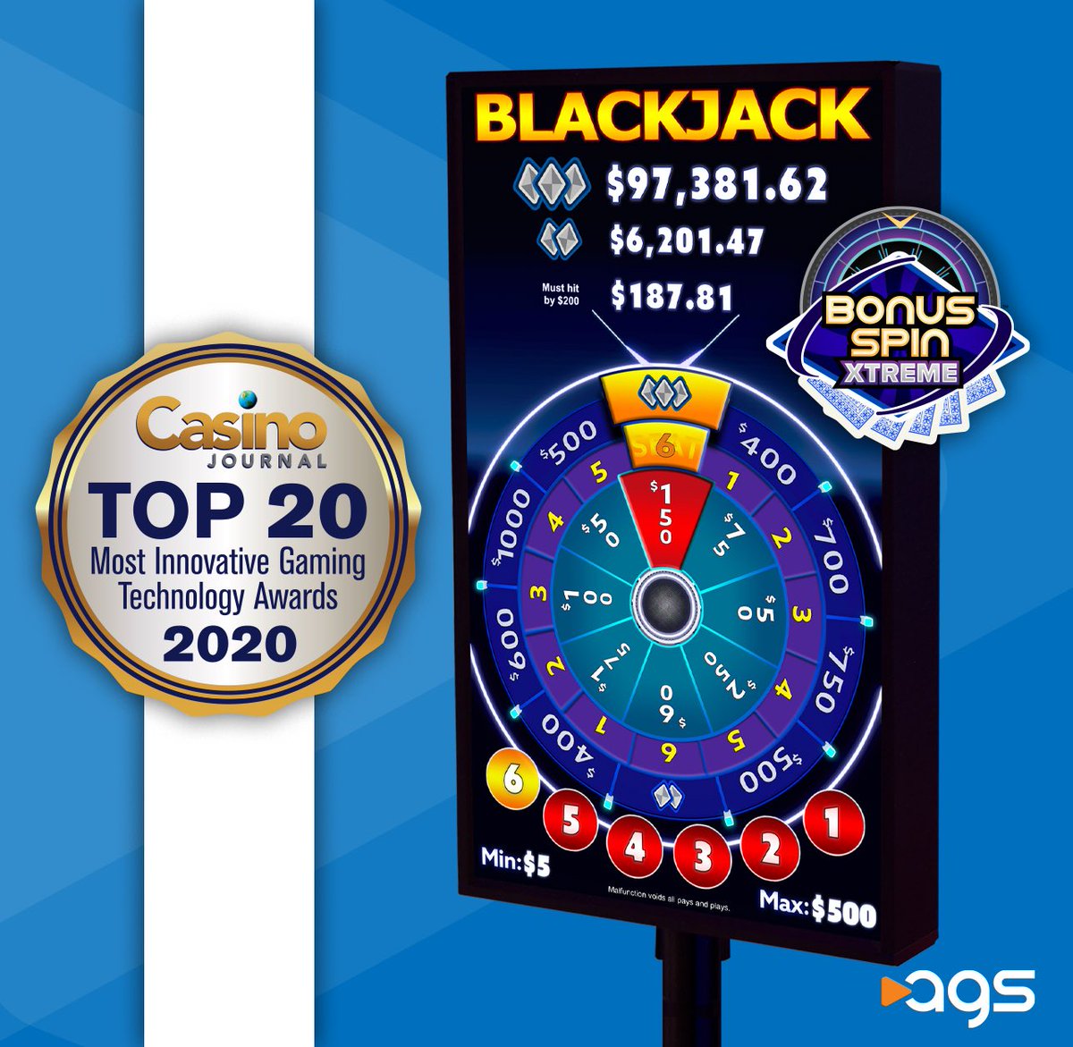 playAGS's tweet photo. Congrats to our table products innovators! Our new Bonus Spin Xtreme table progressive side bet system has been named among 2020's 'Top 20 Most Innovative Gaming Technology Products'! Read more here: https://t.co/aYi79UiNox #PlayAGS #ObsessedWithTheGame #casinojournal https://t.co/33tECFIemf
