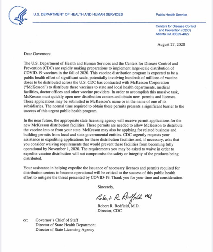 ALERT/2..McKesson full licensed access to sites statewide for mass  #COVID19 immunizations, which must be "fully operational" by November 1st -- 2 days before the national elections.