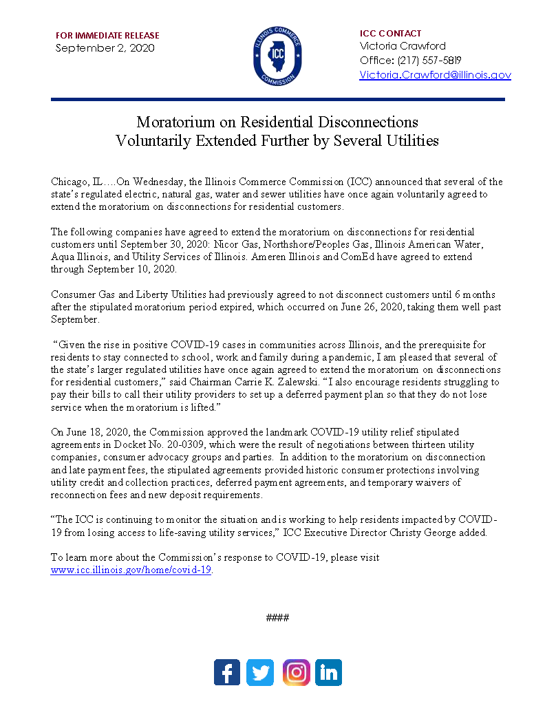 ILCommerceComm's tweet photo. Moratorium on Residential Disconnections Voluntarily Extended Further by Several Utilities. To read the press release, visit https://t.co/lOazuc46xp
#illinoiscommercecommission #publicutilities #publicutilitycommission #COVID19 #AllInIllinois #allinthistogether https://t.co/uyaa4arjhp